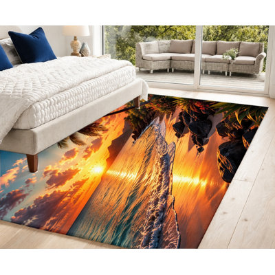 Tapis lavable à la machine, motif coucher de soleil sur la plage et palmiers tropicaux, avec envers antidérapant. Décor intérieur chaleureux et confortable pour salon, chambre, entrée, cuisine, balcon ou appartement.