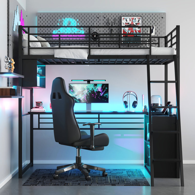 Lit mezzanine simple en métal avec bureau, rangement et rangement à DEL de conception moderne noir, Lit simple