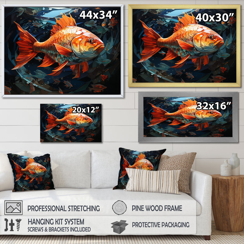 Poissons orange Atouch II - impression, Cadre simple argenté, H 16 po x l 32 po x P 1 po
