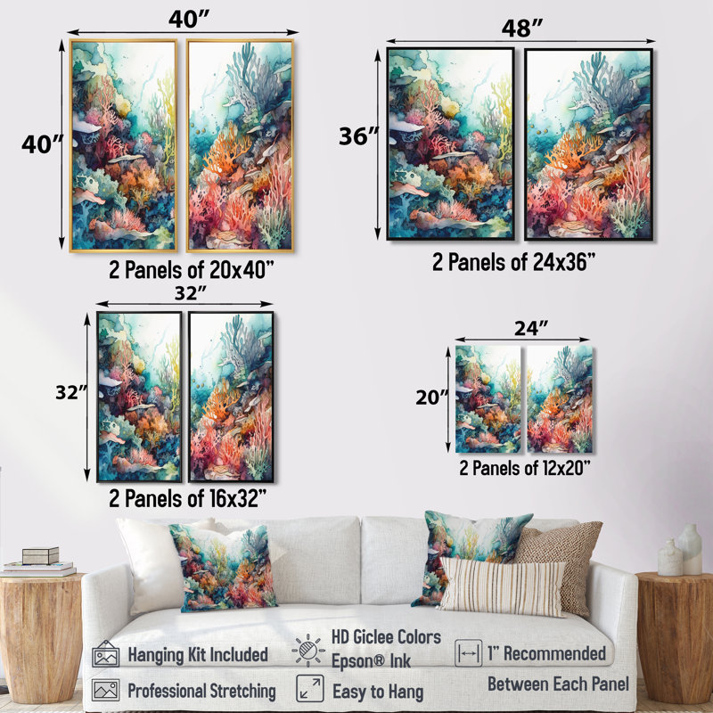 «Vibrant Coral Reef III», art mural moderne 2 pièces, H 32 po x l 32 po, Impression encadrée flottante, Noir