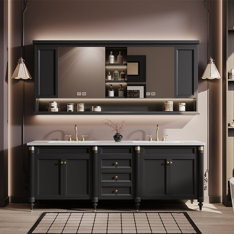 Armoire de salle de bain de style médiéval français rétro, Noir, H 32,28 po x l 62,99 po x P 21,65 po