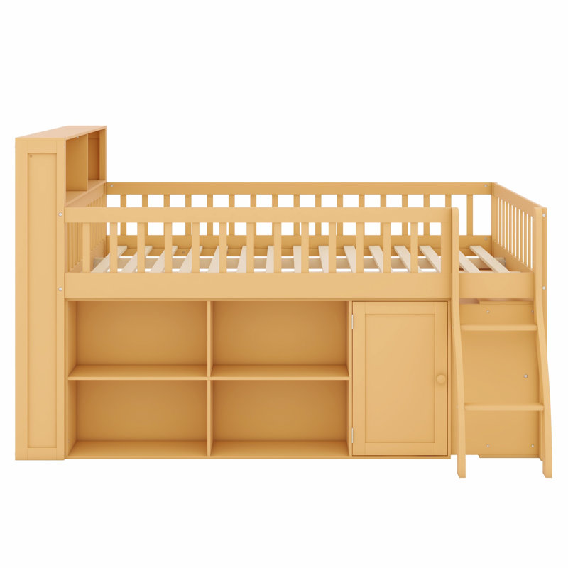 Élégant lit mezzanine en bois avec amplement de tablettes de rangement et tête de lit à DEL, Lit double, Naturel