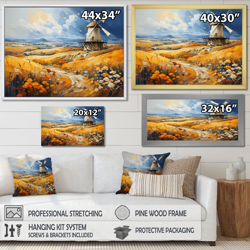 «Yellow Blue Mills In Holland Harvest», reproduction sur toile encadrée, H 24 po x l 32 po x P 1 po, Toile tendue