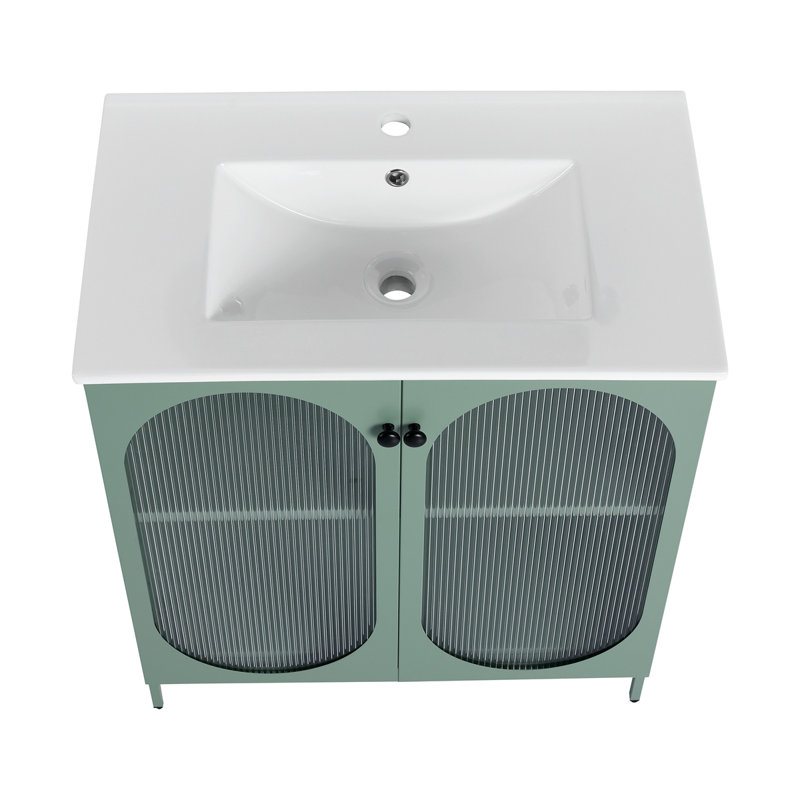 Meuble-lavabo autoportant avec lavabo en céramique, Vert menthe
