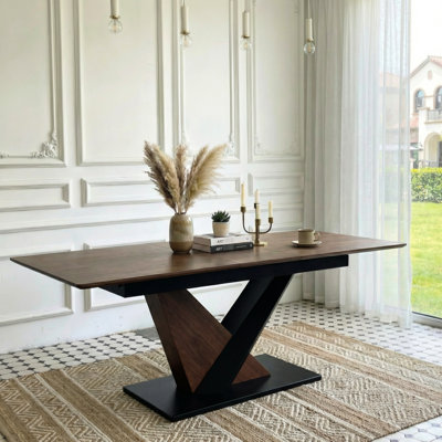 Extendable Rectangular Table For Kitchen, Tabletop, Metal Cross Base, Dark Walnut Contemporary Dining Table, Scratch- Legs,