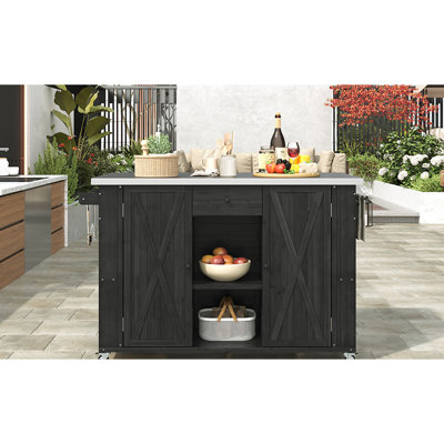 Black Outdoor Kitchen Island - Fir Wood & Stainless Steel Storage Compartments, Towel Rack, Spice Bottle Opener, Mobility Facility Offered And Spacious In Move Freely