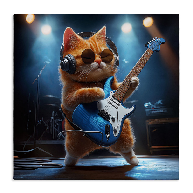 Chat, guitare, dans la bande, par Jim Baldwin, H 17 po x l 17 po