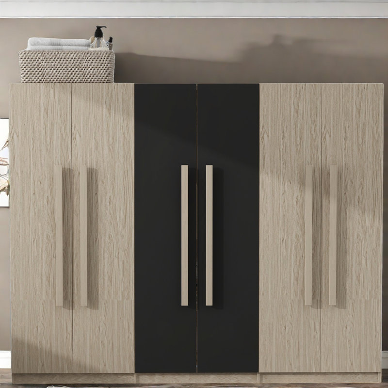 Armoire 6 portes en bois avec deux tiroirs intégrés et tringles suspendues