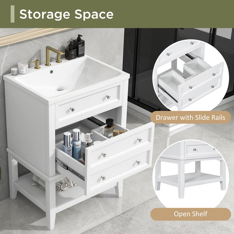 White Solid Wood Freestanding Bathroom Vanity with Ceramic Sink