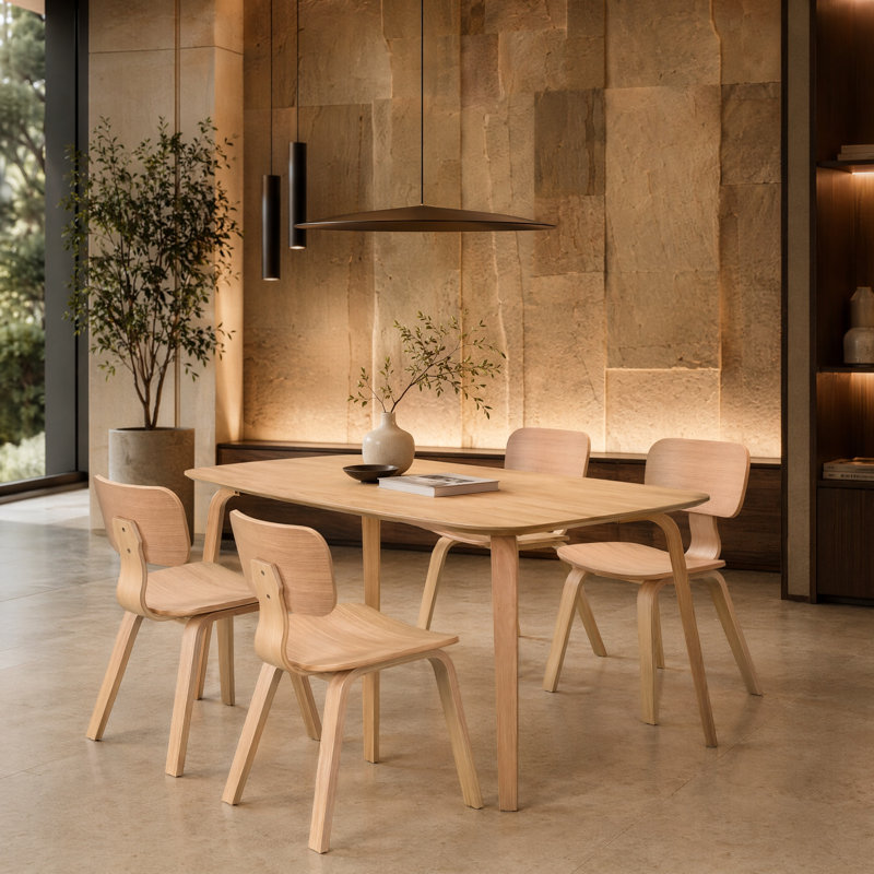 Nova Wood Dining Set with Curved Chairs, Tan , 4