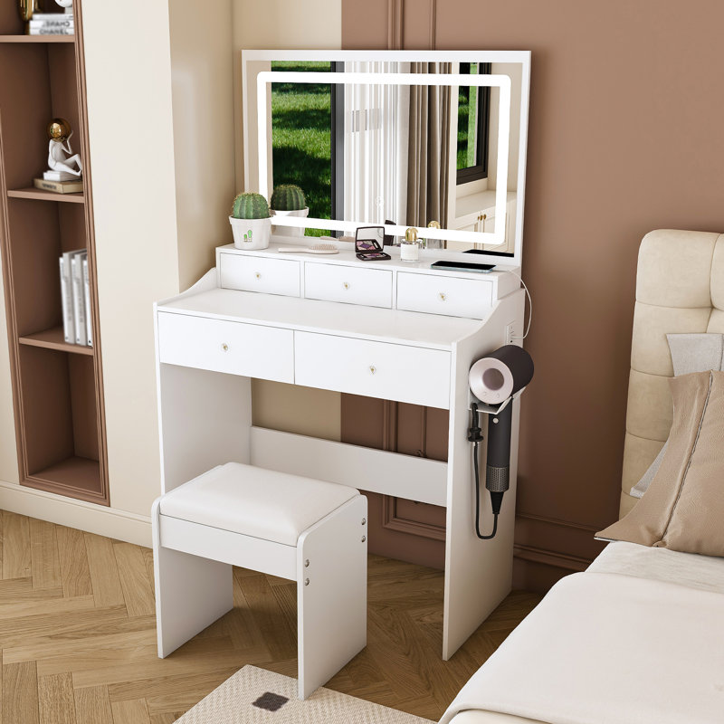 New Large Modern Makeup Vanity Desk For Bedroom, 5 Drawers, 3 Lighting Color Options, Power Outlet, Hair Dryer Holder, And A 30.3 - Inch X 19.3 Full Face Wide Mirror White Bedroom , Modes, Big View