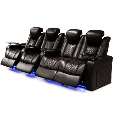 124.4" Coffee Power Recliner With 4 Seats, Nappa Leather, Adjustable Lumbar And , 18w -c Smart Charging, 43-color Led Lighting For Relaxation, Dynamic