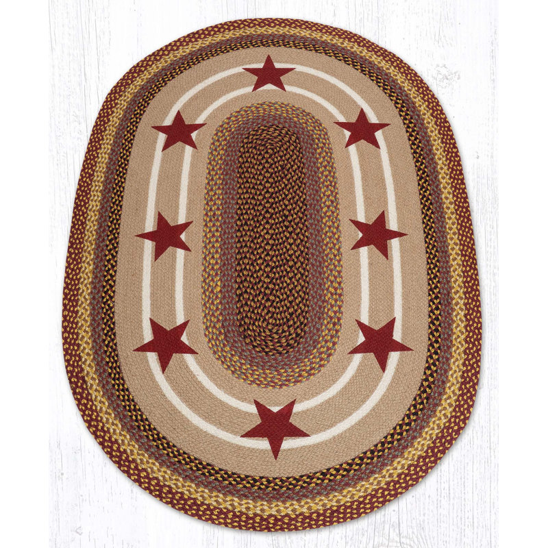  Oval Patch Tread Rug with Burgundy Stars Braided Jute Country Decor, 4' x 6'