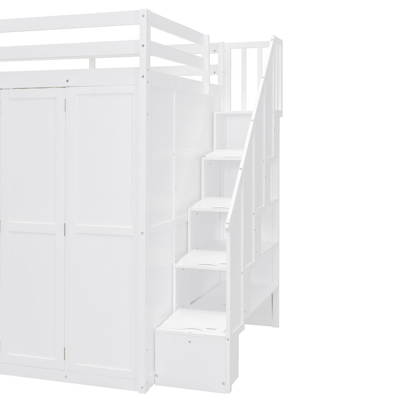 Lit mezzanine double avec garde-robe, bureau et tablettes, White