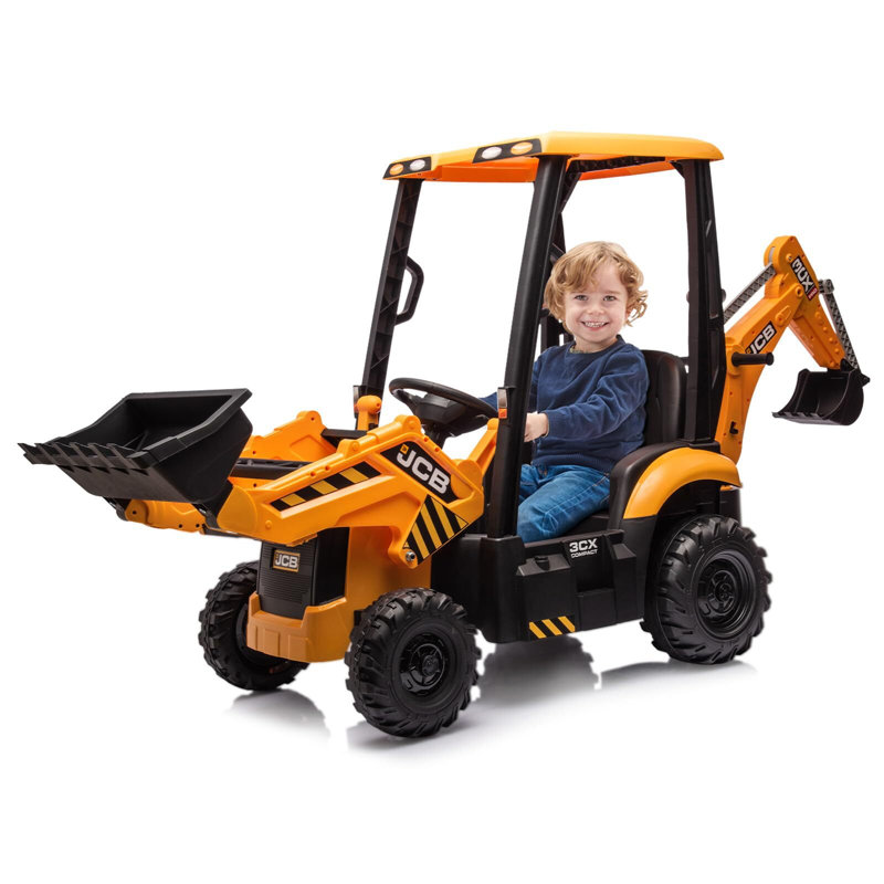 Excavatrice 4 en 1, véhicule électrique alimenté par batterie 12V pour enfants avec télécommande, Jaune