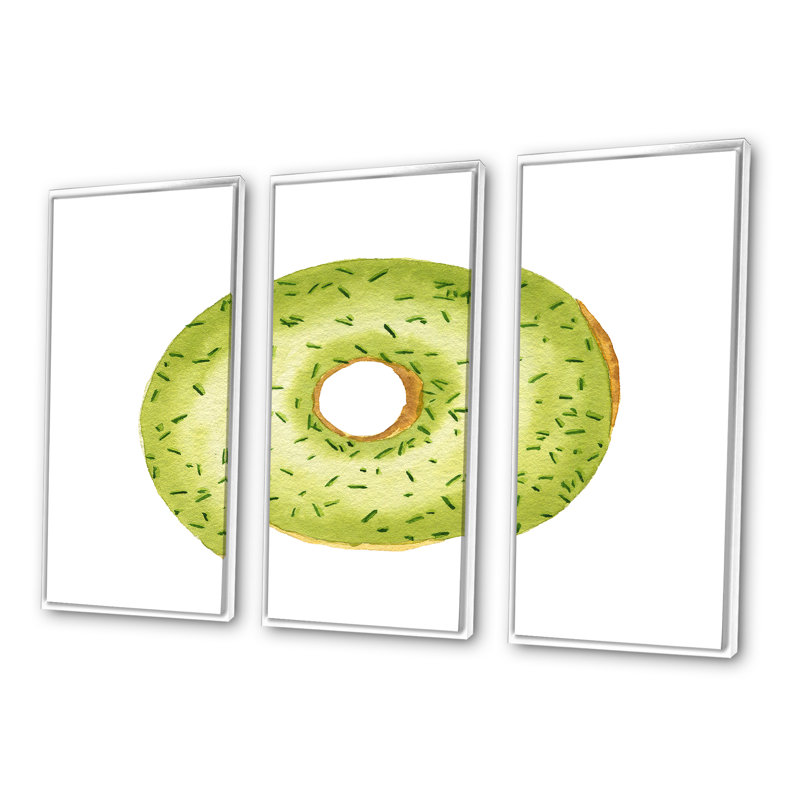 Green Donut with Sprinkles On White - 3 pièces, impression sur toile, H 28 po x l 36 po, Cadre blanc