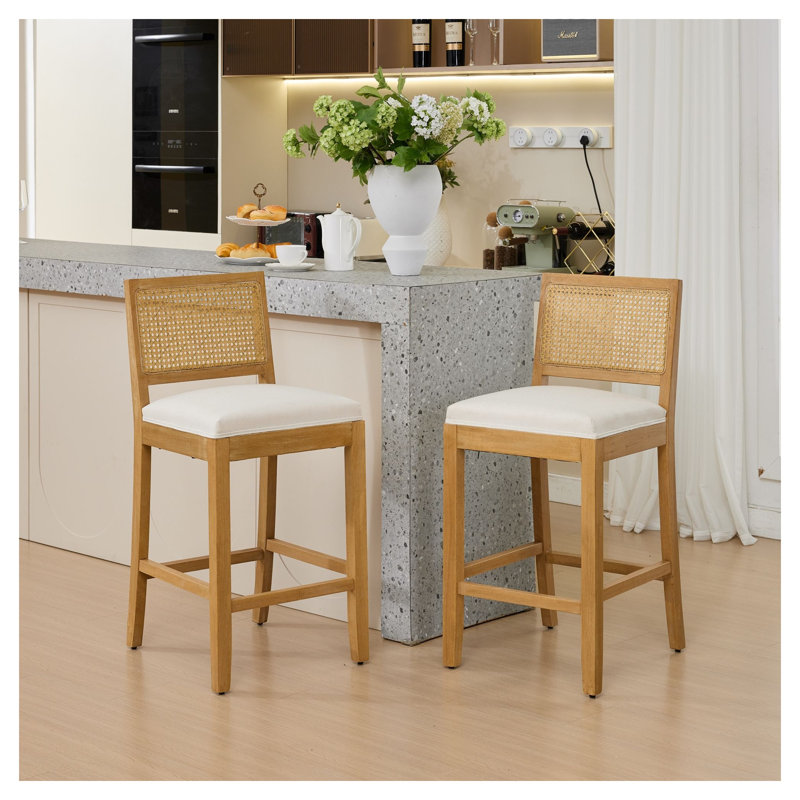 Ensemble de 2 tabourets de bar en bois massif à dossier en rotin avec coussin en lin beige, siège de style nautique à hauteur de comptoir