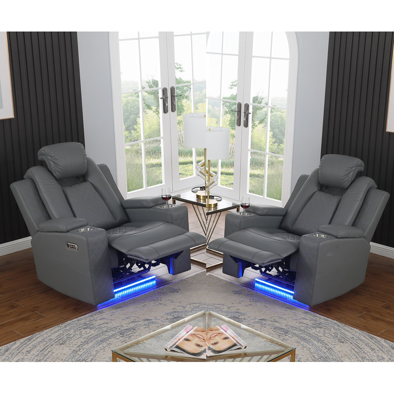 Tiertza Power Leather Recliner W/ Cup Holder, LED Lights, USB Port, Gray