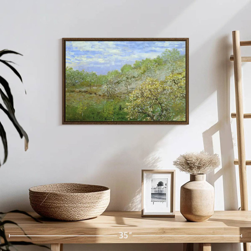 Pommiers en fleurs, 19 po x 13 po, Cadre flottant en noyer
