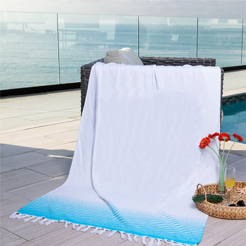 Cotton Blend Ultra Light Beach Towel, Aqua/White