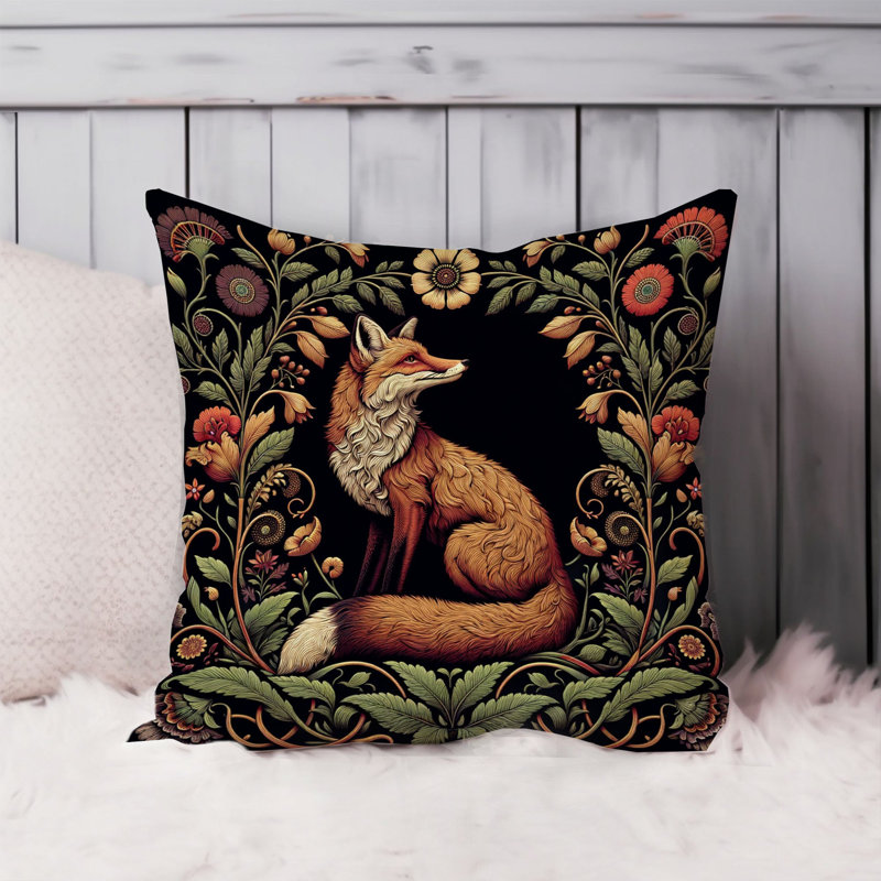  Animals William Morris Botanical Damask Style Fox II Cottage & Cottagecore, 16"H x 16"W
