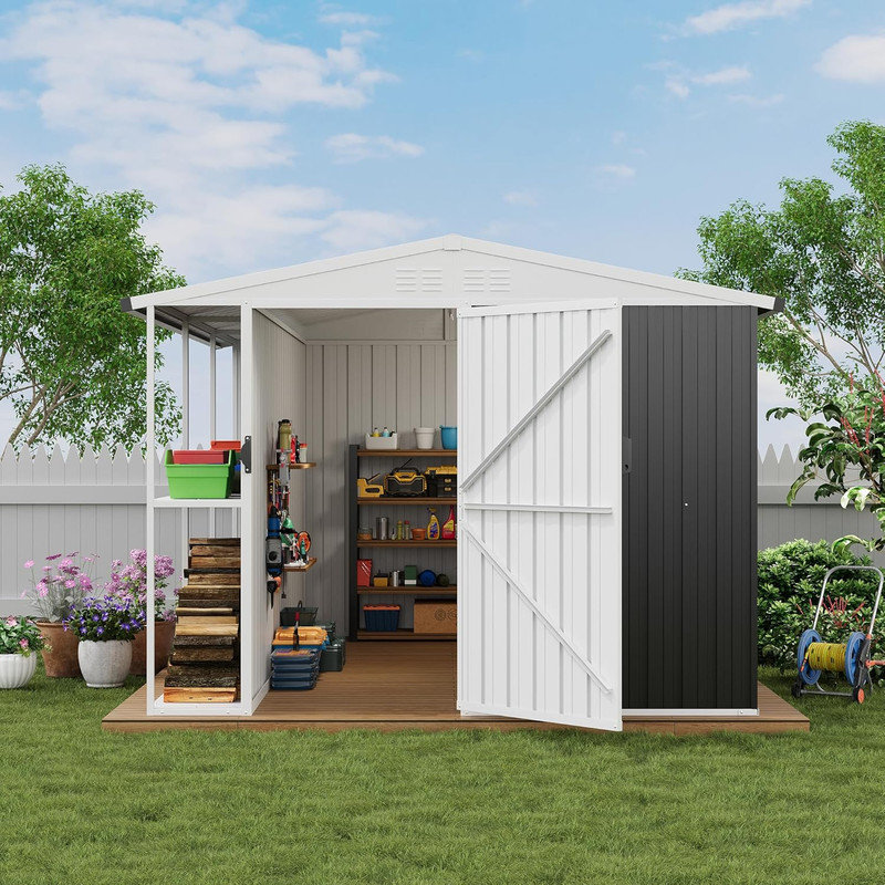 Remise de rangement extérieure en métal 8 pi x 10 pi avec portes et tablettes verrouillables, remise à outils de jardin résistante aux intempéries pour la cour arrière