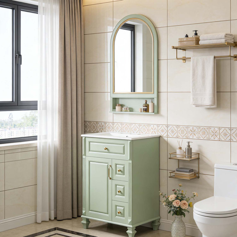 Meuble-lavabo autoportant avec lavabo en céramique, Vert