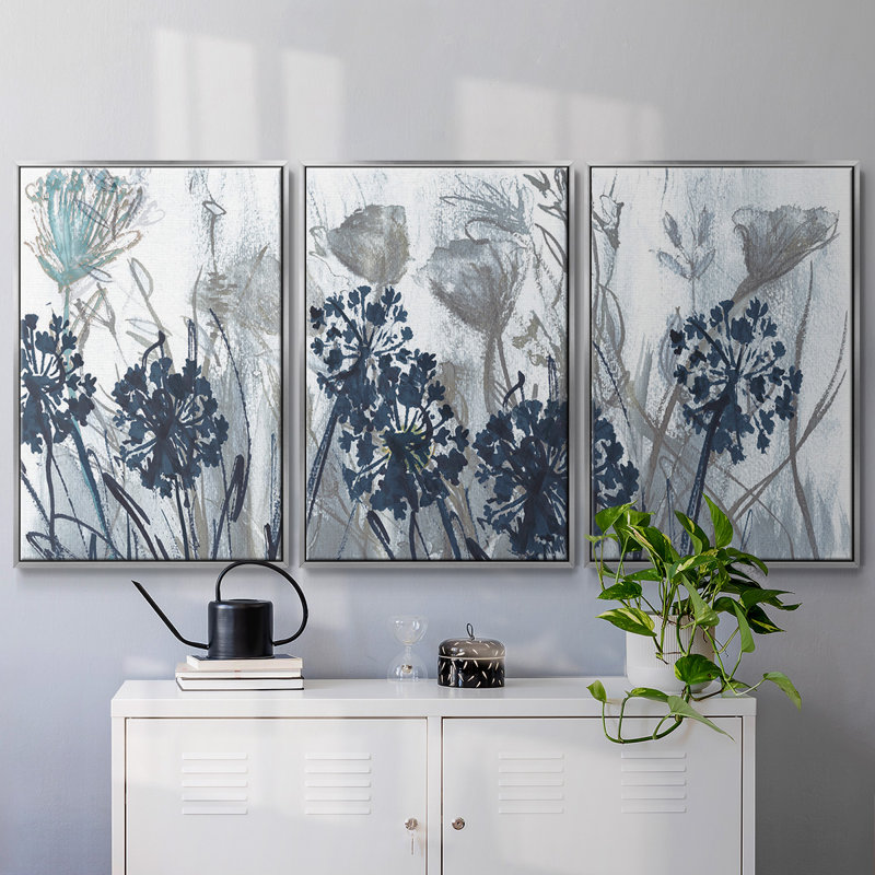 Indigo champ, reproduction sur toile 3 pièces, Argent, H 36 po x l 75 po x P 2 po