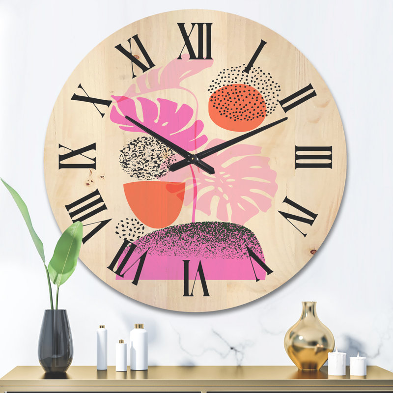 Horloge murale géométrique lune et soleil avec feuilles tropicales, Très grand