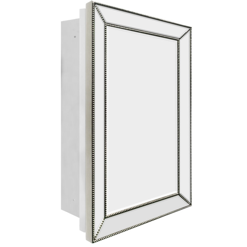 16x26 Inches Retro Mirror Medicine Cabinet,Silver Beaded Wooden Frame & Retro Bevel Mirror with Storage, Recessed or Surface Mount