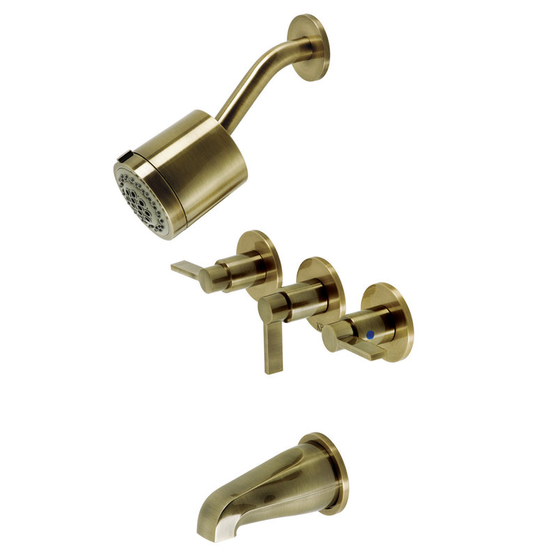 Kingston Brass NuvoFusion Triple-Handle Tub and Shower Faucet, Antique Brass