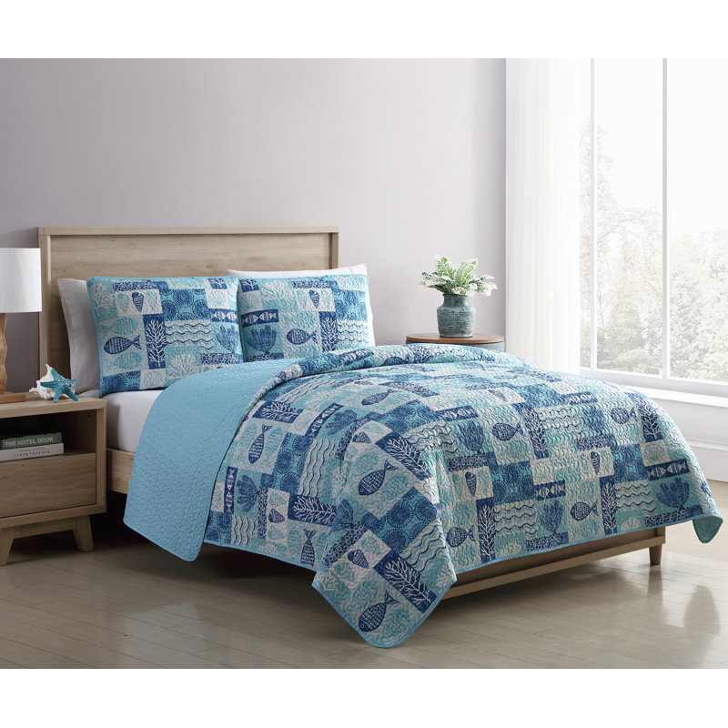 Ensemble de courtepointe réversible 3 pièces Pinsonic, Courtepointe pour lit double/grand et 2 taies déc