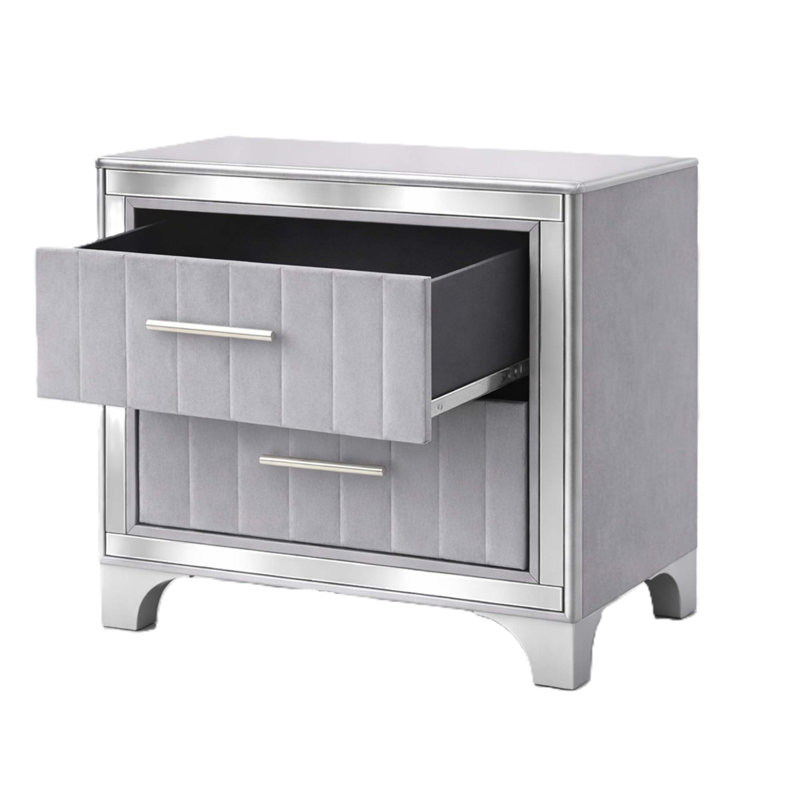 Table de chevet contemporaine en acrylique avec deux tiroirs, table de chevet rembourrée avec pieds en métal argenté