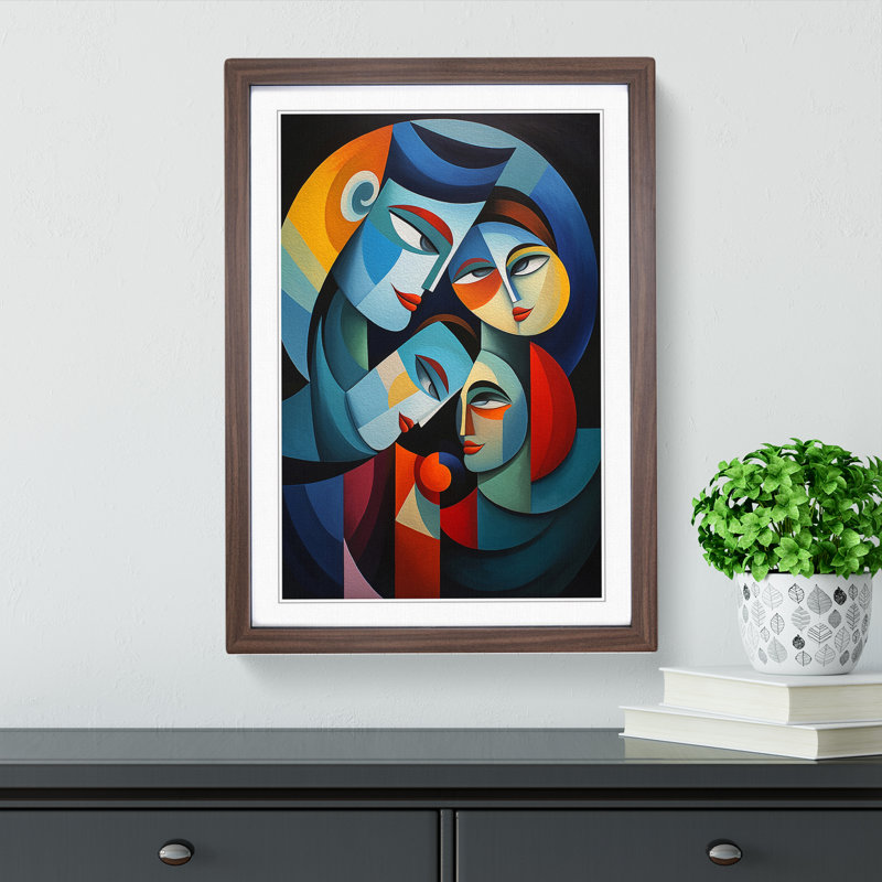 XYZ-FRM-V1223-4409 Loving Family Cubism No.2 - Single Picture Frame Print on Wood, 34cm H x 25cm W x 2cm D, Walnut 