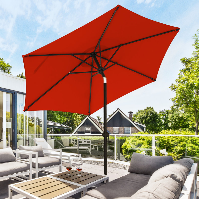 Parasol de marché 7,5 pi avec base et bouton-poussoir inclinable, Rouge