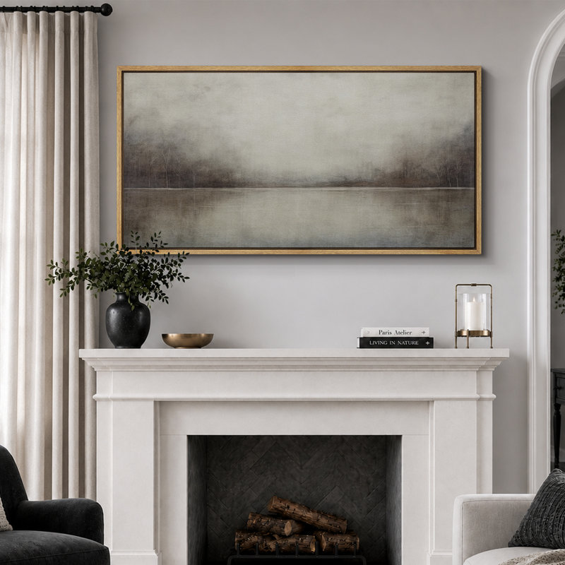 Tableau représentant un paysage de lac gris brumeux, idéal pour le salon, impression giclée sur toile encadrée, Floater Frame