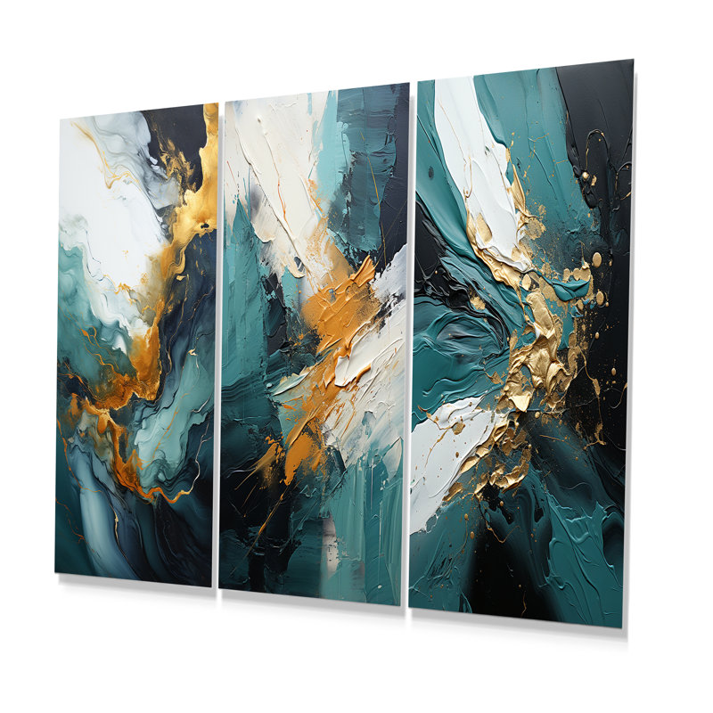 Or et vert cascade de marbre blanc I - ensemble de 3 reproductions de peintures abstraites, H 28 po x l 36 po