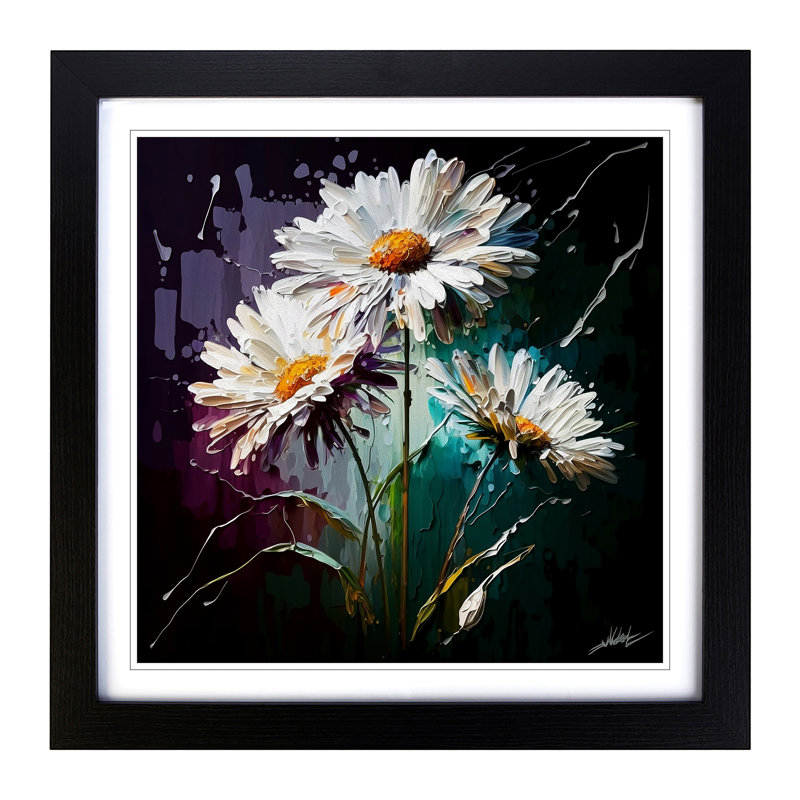 Daisy Palette Knife Painting - Framed Print, Black