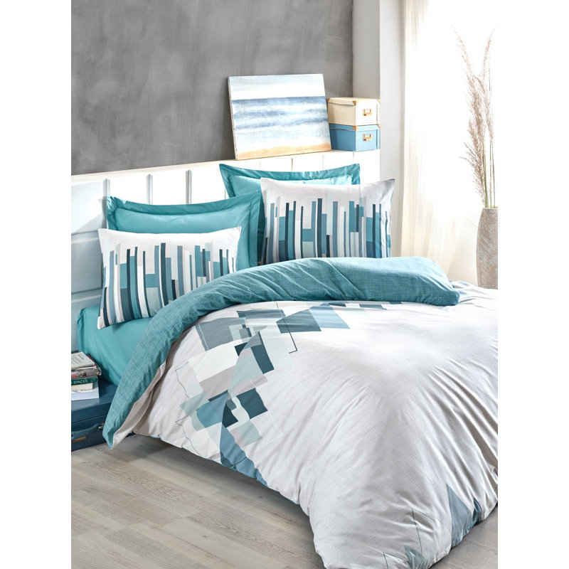 Furey Abstract Duvet Cover Set with Pillowcases, 155 x 220cm, Blue/White