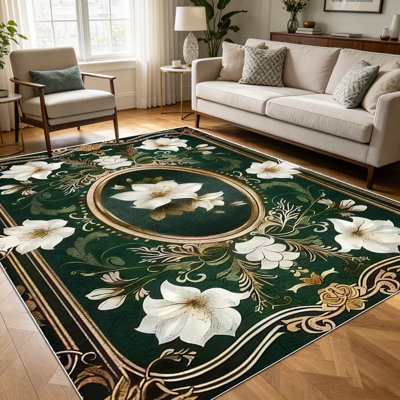 1PC Vintage Emerald Green Floral Baroque area rugs for Living Room, Soft and Comfortable, Suitable for all seasons, easy-to-maintain, machine washable Indoor floor mat, Under Table Farmhouse suitable for dining room, bedroom, entryway, kitchen, home
