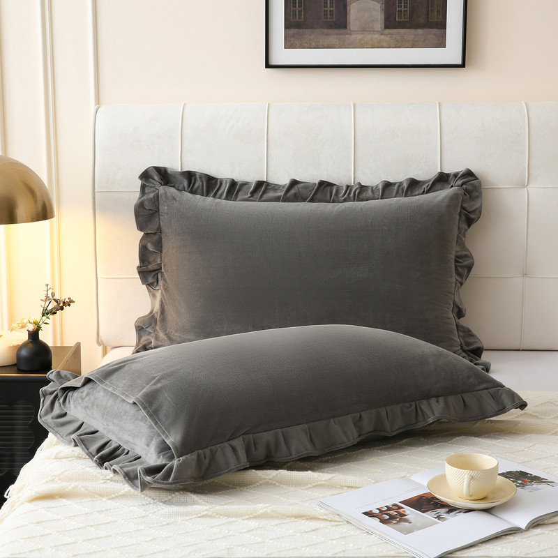 Velvet Ruffle Pillowcases Gray Pillowcases Queen Dark Gray Velvet Pillow Coves Ruffle Fringe Design Luxurious Pillow Cases with Pocket Closure Set of 2