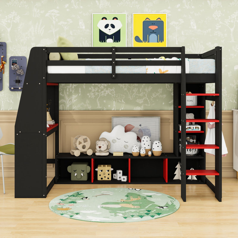 Wooden Loft Bed With Integrated Desk, LED Lighting And Storage Compartment, Twin, Black