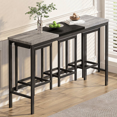 Modern Design Kitchen Dining Table, Pub Table, Long Dining Table Set With 3 Stools, Convenient Hanging Stool Design, Grey+Black(Same SKU:W757P146464)