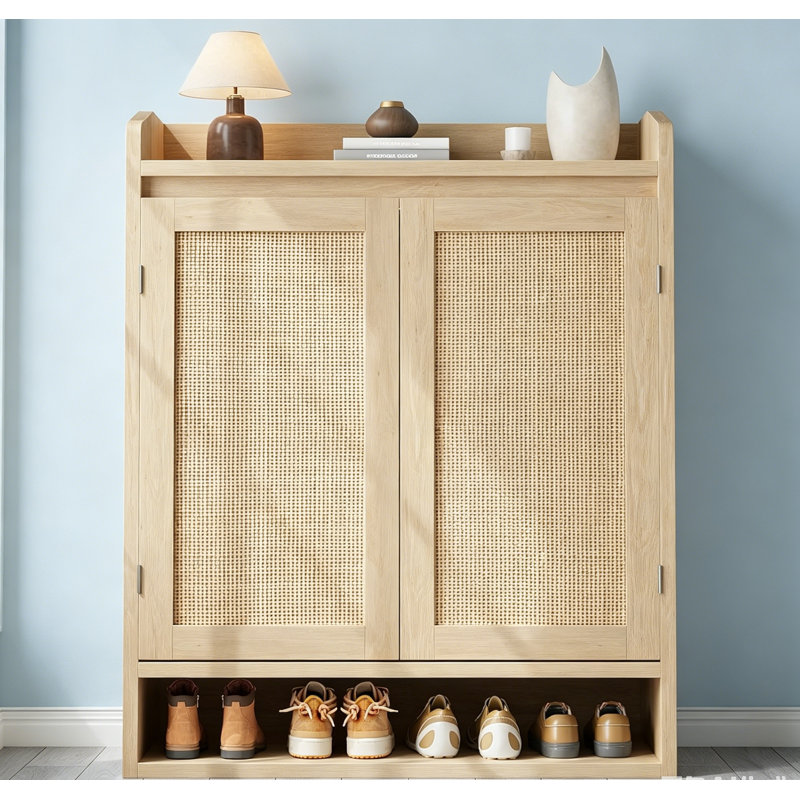 Modern Shoe Organizer for Entryway, Farmhouse Boho Wooden Shoe Storage Cabinet with Adjustable Shelves for Hallway, Living Room, Closet