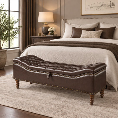 Upholstered PU Leather Storage Bench with Tufted Seat, Nailhead Trim and Solid Wood Legs
