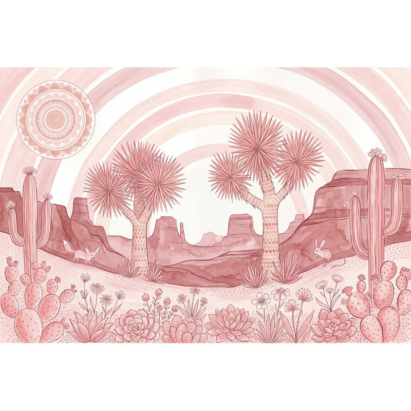 Papier peint rose avec paysage désertique, arbres de cactus amovibles et plantes grasses, 140 po x 108 po, Peler et coller
