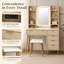 Ensemble de coiffeuse avec miroir lumineux à DEL et prise de courant, bureau de coiffeuse cannelé à 5 tiroirs avec tablettes de rangement ouvertes et tabouret rembourré, station de maquillage pour chambre à coucher moderne en bois clair