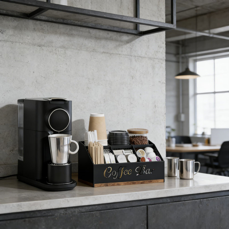 Organisateur de station de café avec compartiments en filet métallique, rangement de comptoir en bois rustique pour dosettes de café, tasses à café, sirop, tasses et accessoires de thé