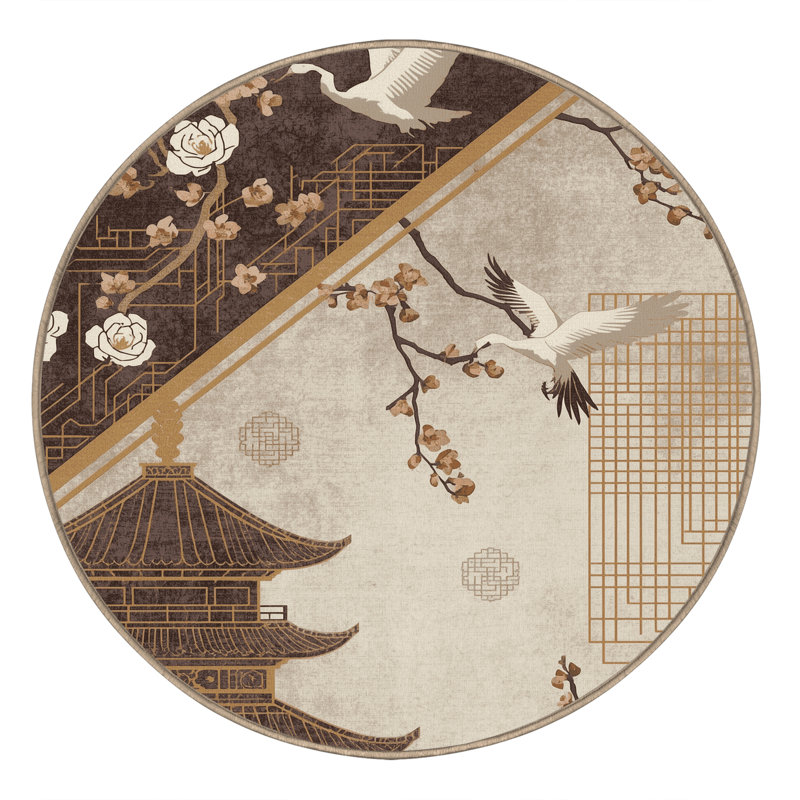 Tapis oriental beige lavable à la machine à motif d'inspiration mondiale Penola, Rond 8 pi