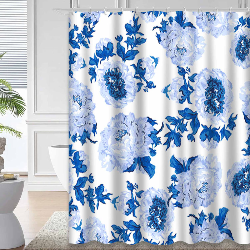 Rideau de douche sans couture à motif floral pivoine bleu sarcelle avec 12 crochets, L 72 po x l 78 po